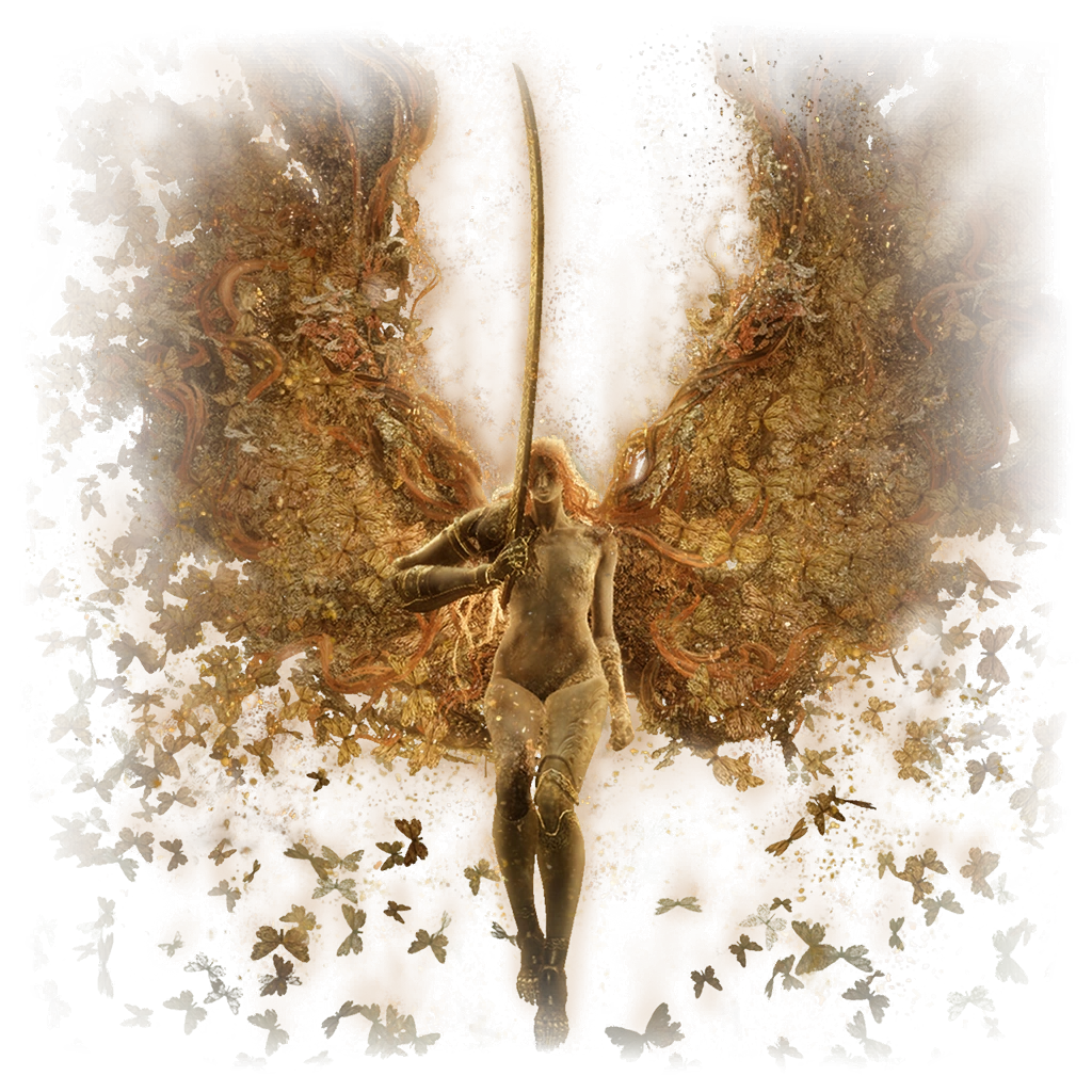 A scarlet valkyrie risen from rot — a winged figure of gold and decay, sword raised, surrounded by drifting butterflies