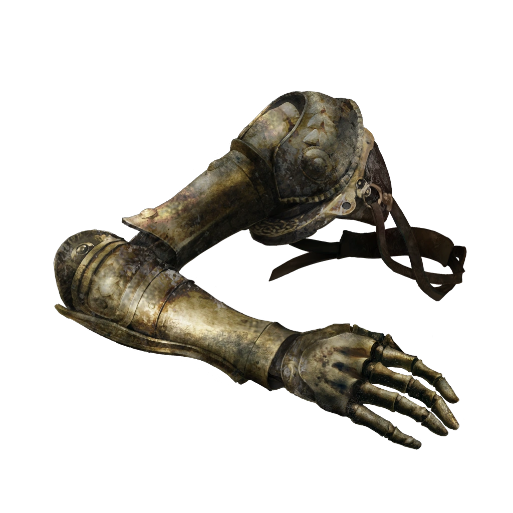 A tarnished golden prosthetic arm, treated as a pilgrimage relic