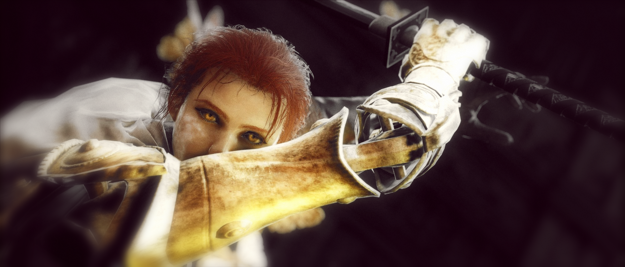 Millicent, eyes fierce above her golden prosthetic arm, reaching forward with blade in hand