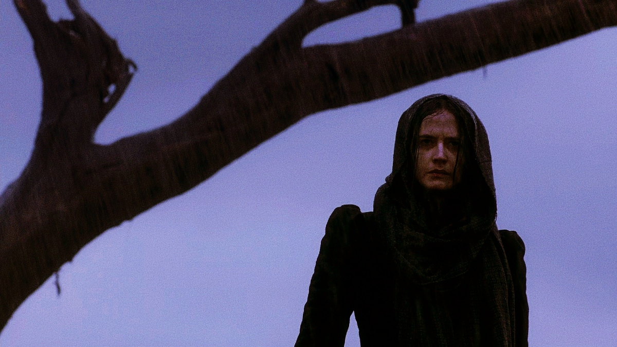 A hooded figure standing in the rain at dusk beneath a bare, reaching branch, the sky a clean cold blue